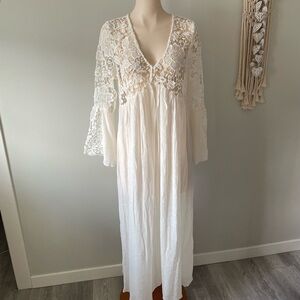 J Gee Crochet Boho Maxi Dress Bell Sleeves Gauzey White Size Large Bohemian